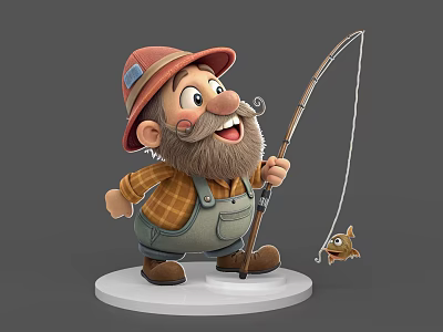 Animated Bearded Game Character Wearing Red Hat Plaid Shirt Overalls Holding Fishing Rod And Fish 3d model