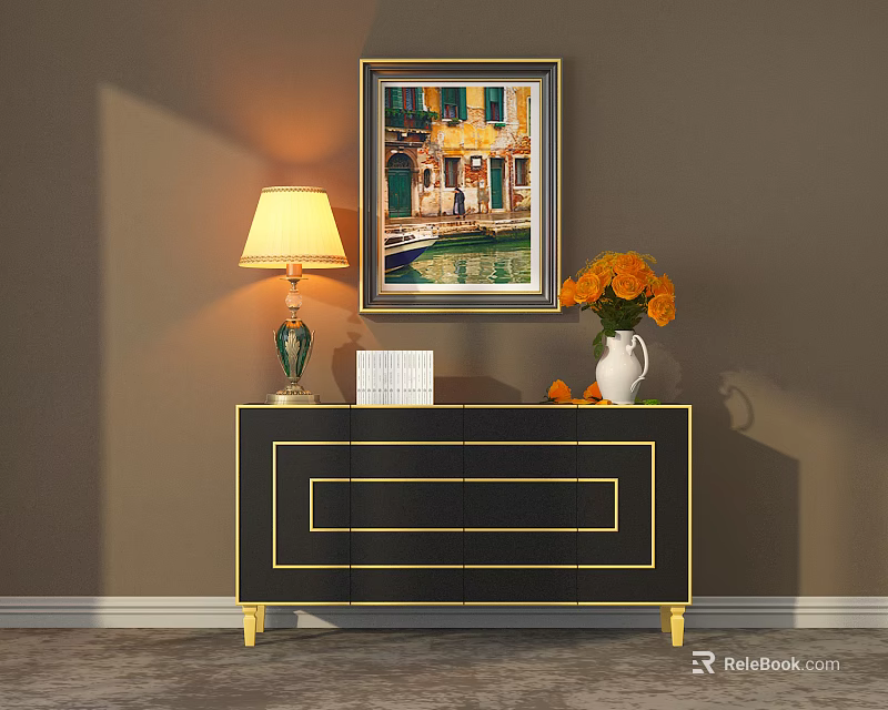 Elegant Black Console Table With Gold Accents Table Lamp Vase And Orange Flower Arrangement 3d model 