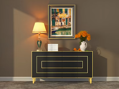 Elegant Black Console Table With Gold Accents Table Lamp Vase And Orange Flower Arrangement 3d model
