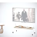 Modern Television On Wooden Rolling Stand With Side Table And Books