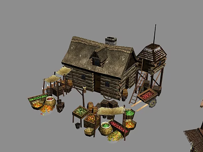 Cartoon Scene of Rustic Wooden House With Market Stalls And Fresh Fruits Vegetables 3d model