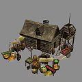 Cartoon Scene of Rustic Wooden House With Market Stalls And Fresh Fruits Vegetables
