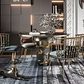 Elegant Modern Dining Table Set With Metal Frame Chairs Blue Cushions And Decorative Plants