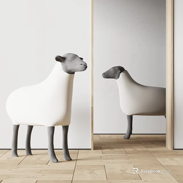Sheep Shaped White Gray Chair in Modern Indoor with Mirror Reflection and Wooden Floor 3d model 