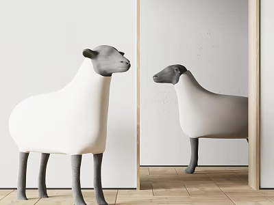Sheep Shaped White Gray Chair in Modern Indoor with Mirror Reflection and Wooden Floor 3d model