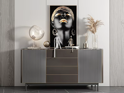 Modern Entryway Cabinet Sideboard With Striped Design Decorative Lamp And Pampas Grass Vase 3d model