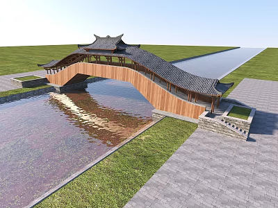 Traditional Chinese Wooden Bridge With Curved Roof Over Water And Grass Surroundings 3d model