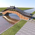 Traditional Chinese Wooden Bridge With Curved Roof Over Water And Grass Surroundings