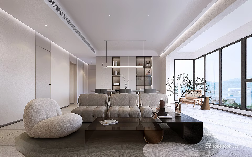 Modern Living Dining Room Interior With Comfortable Sofa Coffee Table And Floor To Ceiling Windows 3d model