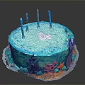Ocean Themed Birthday Cake with Blue Frosting Four Candles Number 4 and Coral Starfish Decorations