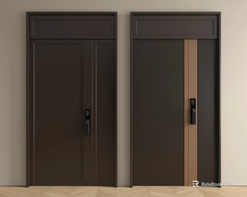 Dark Brown Modern Security Doors Featuring Striped Design and Smart Lock Systems 3d model