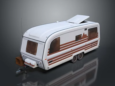 White Camper Trailer Featuring Brown Stripes Solar Panel On Roof Windows And Camping Design 3d model