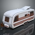 White Camper Trailer Featuring Brown Stripes Solar Panel On Roof Windows And Camping Design