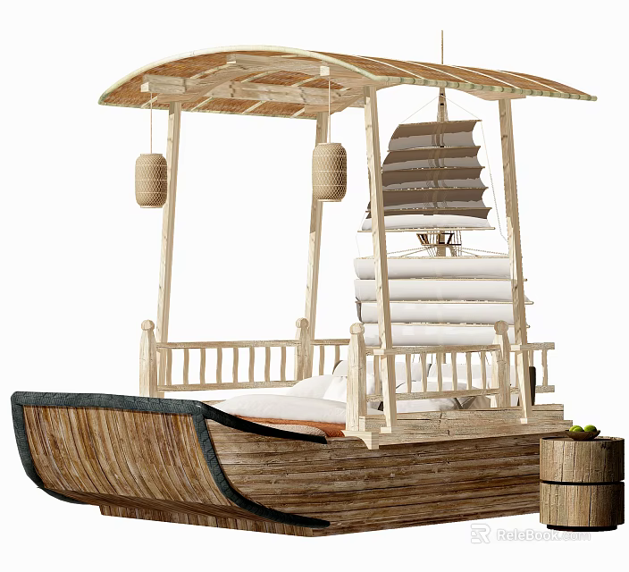 Wooden Boat Shaped Double Bed with Bamboo Canopy and Hanging Lanterns 3d model 