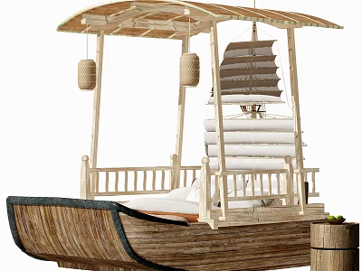 Wooden Boat Shaped Double Bed with Bamboo Canopy and Hanging Lanterns 3d model