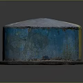 Industrial Blue Cylindrical Metal Container With Rusty Surface And Flange Base