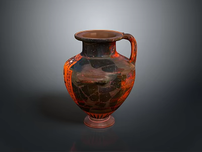 Black And Orange Ceramic Vase Sculpture With Carved Patterns And Handle 3d model