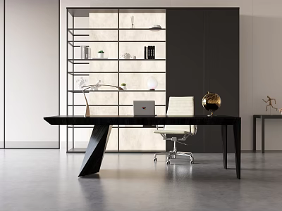 Modern Black Desk and White Office Chair Set With Laptop Desk Lamp and Gold Globe 3d model