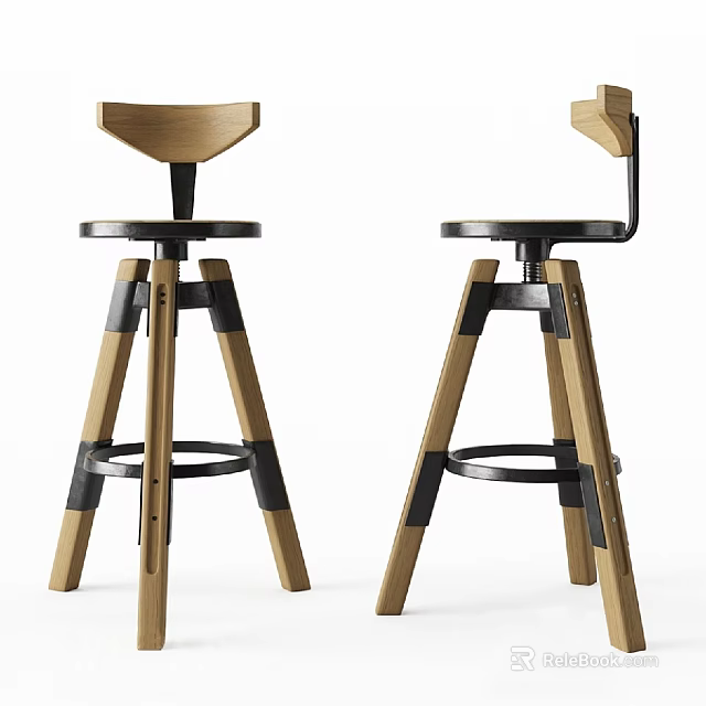 Modern Wooden And Metal Bar Stools With Tapered Legs And Backrest Design 3d model 