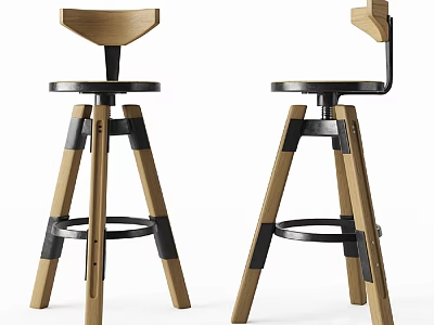 Modern Wooden And Metal Bar Stools With Tapered Legs And Backrest Design 3d model