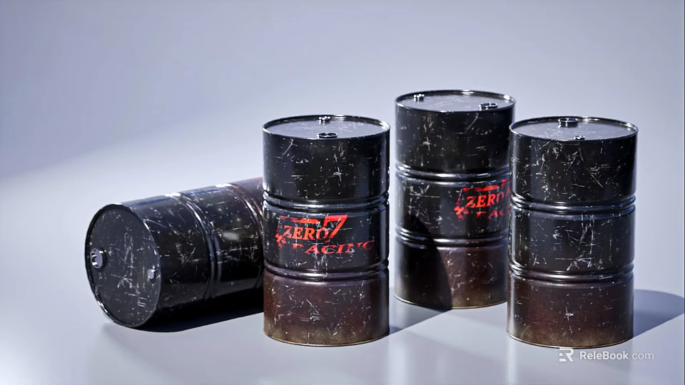 Black Oil Drums With Red Zebra Energy Logo Some Standing And One Fallen 3d model 