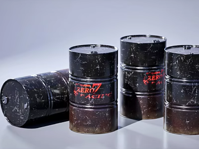 Black Oil Drums With Red Zebra Energy Logo Some Standing And One Fallen 3d model