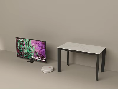 Modern White Top Dining Table with Black Legs Neo QLED TV and White Speaker Setup 3d model