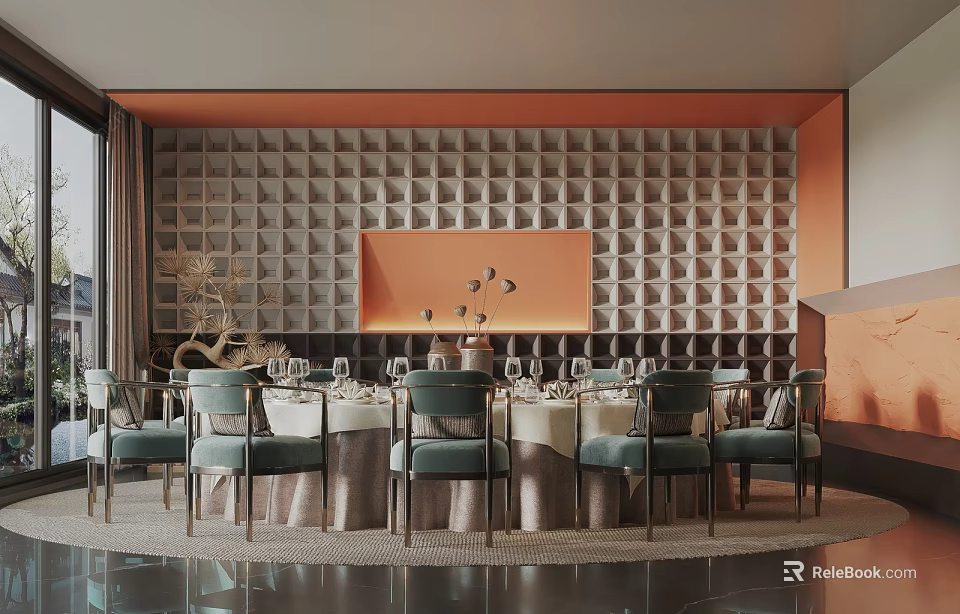 Modern Private Dining Room With Geometric Pattern Wall Round Table And Green Chairs 3d model