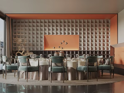 Modern Private Dining Room With Geometric Pattern Wall Round Table And Green Chairs 3d model