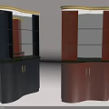 Black and Brown Wine Cabinets With Golden Top Trim Glass Doors and Black Countertop