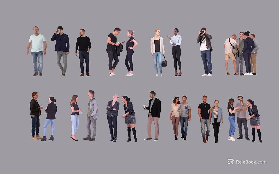 Diverse Group Of People In Various Casual Outfits And Different Standing Poses 3d model 