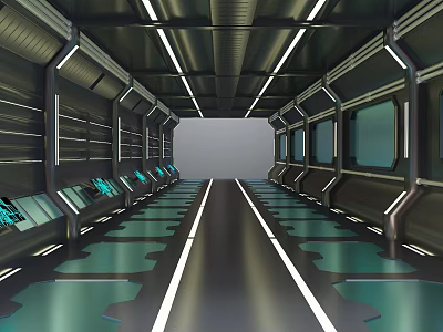 Cartoon Style Futuristic Sci Fi Corridor With Glowing Lines Metal Structures And Shiny Flooring 3d model