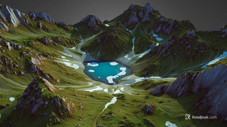 Breathtaking Natural Mountain Landscape With Blue Lake Green Meadows Rocky Peaks And Snowy Patches 3d model 