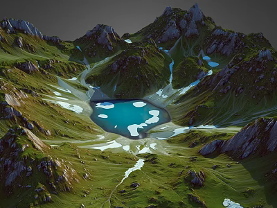 Breathtaking Natural Mountain Landscape With Blue Lake Green Meadows Rocky Peaks And Snowy Patches 3d model