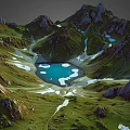 Breathtaking Natural Mountain Landscape With Blue Lake Green Meadows Rocky Peaks And Snowy Patches