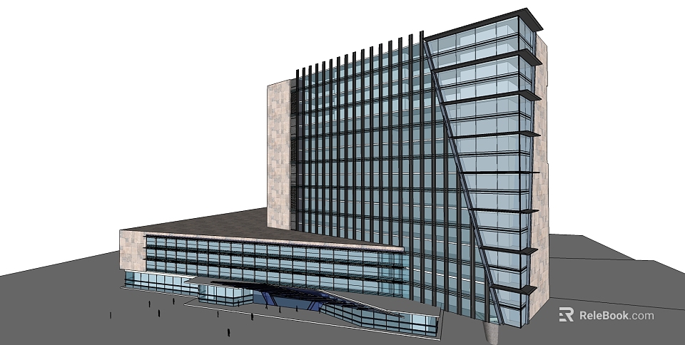 Modern Multi Storey Office Building With Glass Curtain Wall And Stone Facade 3d model 