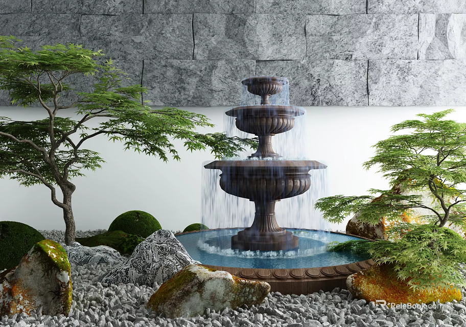 Garden Ornament With Three Tiered Fountain Green Trees Rocks Pebbles And Stone Wall Backdrop 3d model 