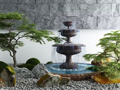 Garden Ornament With Three Tiered Fountain Green Trees Rocks Pebbles And Stone Wall Backdrop 3d model