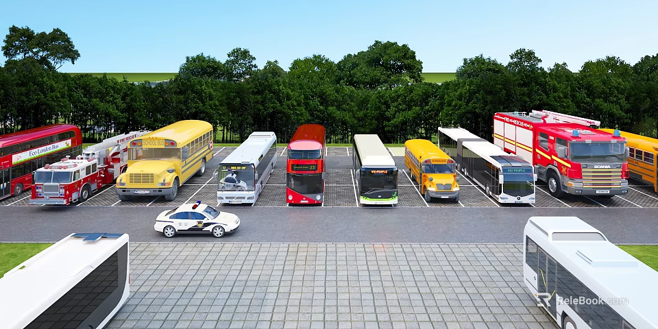 Different Types of Buses Parked in Outdoor Parking Lot With Green Trees Blue Sky 3d model 