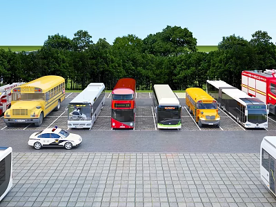 Different Types of Buses Parked in Outdoor Parking Lot With Green Trees Blue Sky 3d model