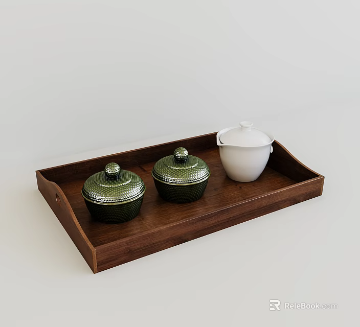Elegant Tea Set with Green Lidded Jars and White Lidded Jar on Wooden Tray 3d model 