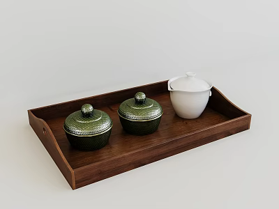 Elegant Tea Set with Green Lidded Jars and White Lidded Jar on Wooden Tray 3d model