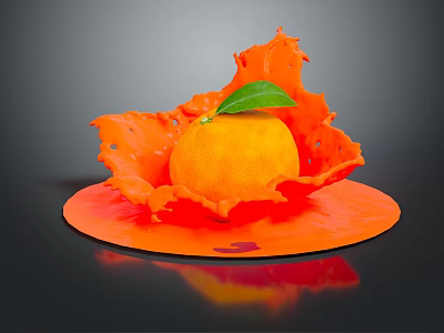 Fresh Orange With Green Leaf Surrounded By Orange Splash Effect On Black Background With Reflection 3d model