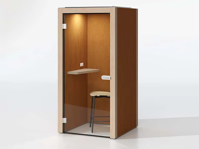 Brown Soundproof Booth Interior With Glass Door Small Desk And Stool 3d model