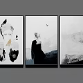 Minimalist Black And White Portrait Paintings With Standing Figure Bird And Mountain Wall Art