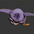 Purple Fantasy Creature with Large Ears Yellow Eyes Brown Scarf Shorts and Crooked Cane
