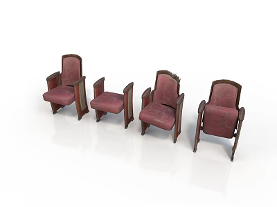 Four Vintage Maroon Armchairs With Wooden Frame And Upholstered Seats 3d model
