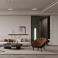 Modern Living Room Design Featuring Sofa Coffee Table Decorative Chair Bookshelf Plant And Floor Lamp