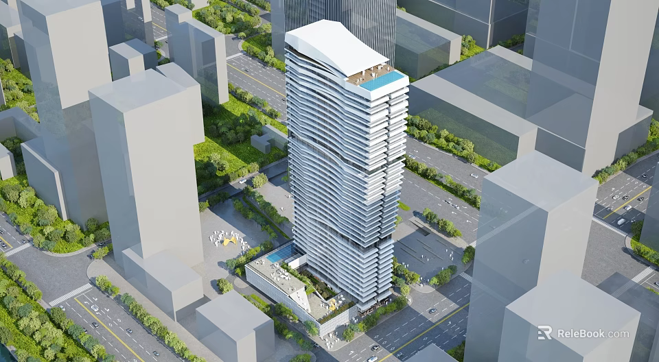 Modern High Rise Office Building With Urban Greenery And Architectural Design 3d model 