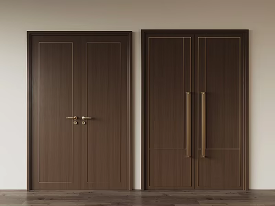 Elegant Dark Brown Hinged Doors With Gold Handles Modern Wooden Design 3d model